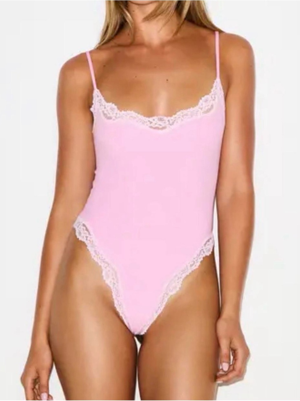 SKIMS Bubblegum Pink Lace Trim Bodysuit